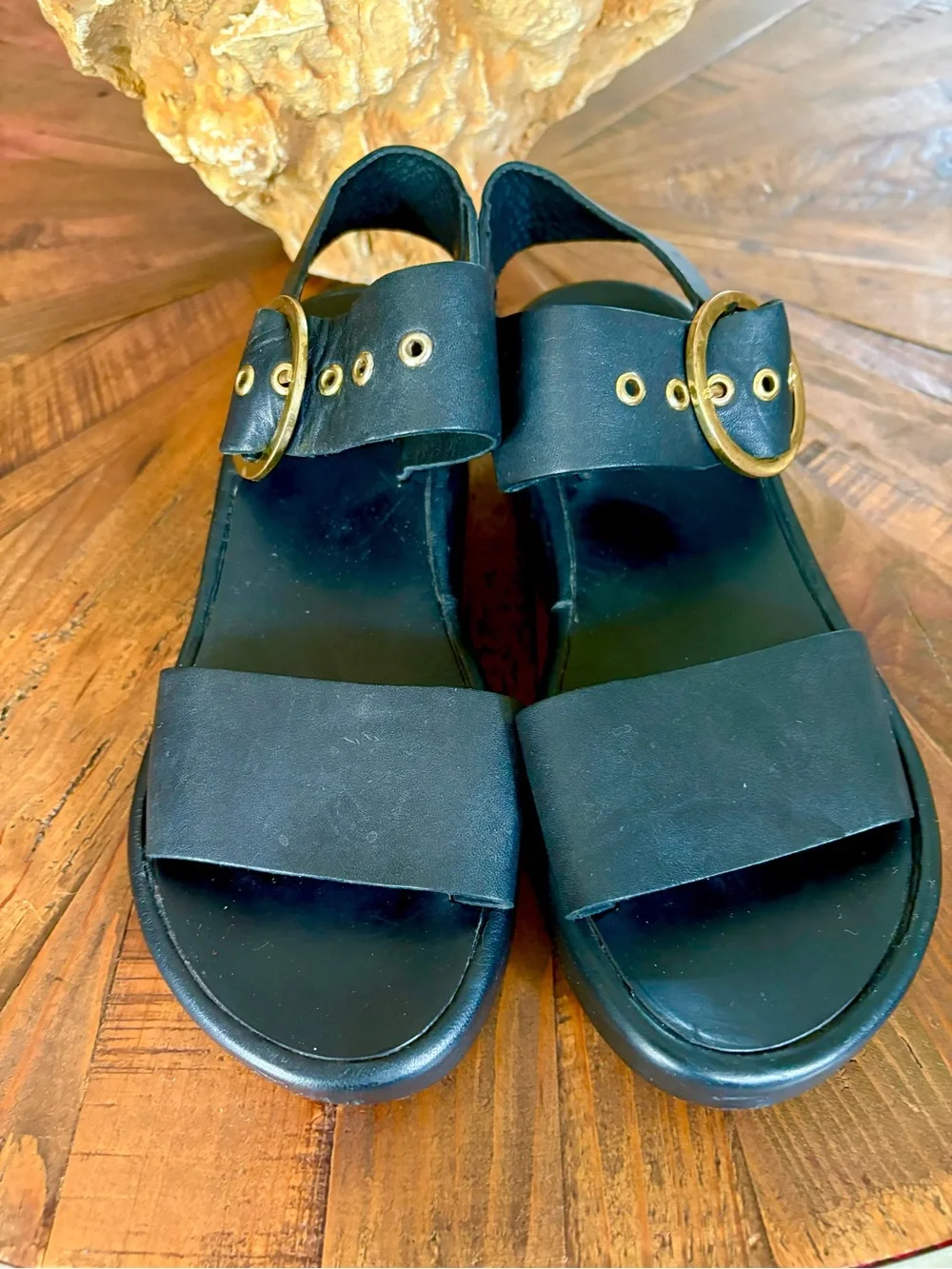 Beek Swan Black Leather Platform Sandals with gold buckles 8